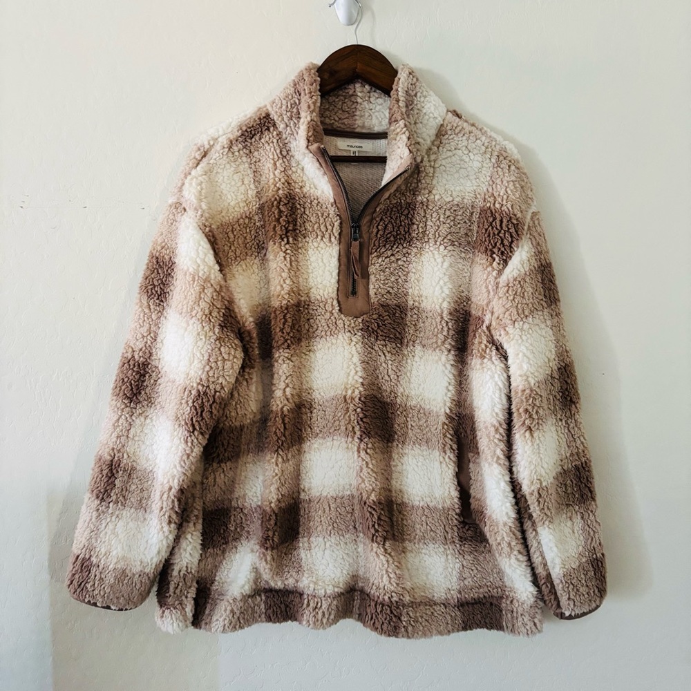 Maurices Sherpa Plaid Quarter Zip Pullover XL | Cozy Brown & Cream Fleece Jacket